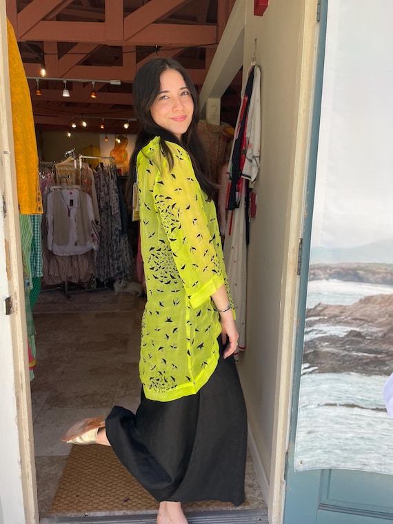 Lime green with black swallows  tunic in sheer viscose