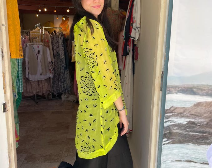 Lime green with black swallows  tunic in sheer viscose