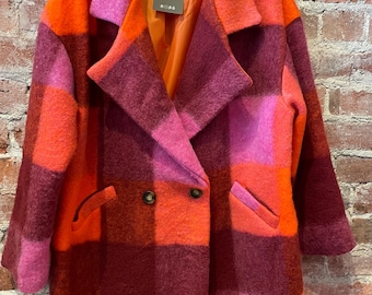 Pink and orange wool plaid coat in one size