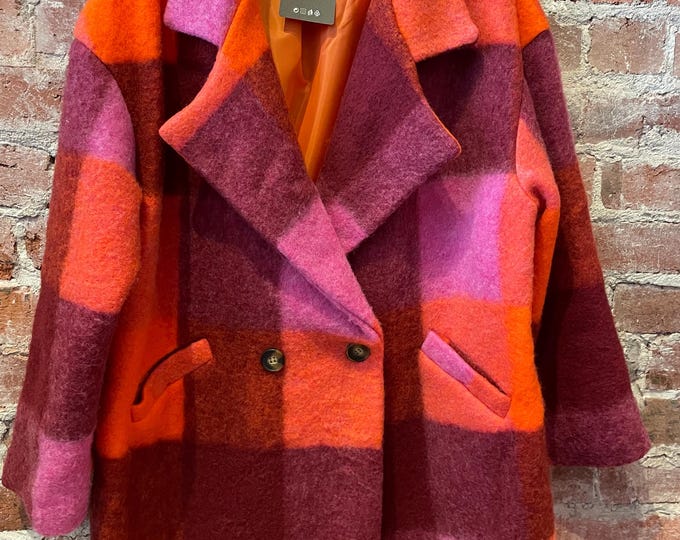 Pink and orange wool plaid coat in one size