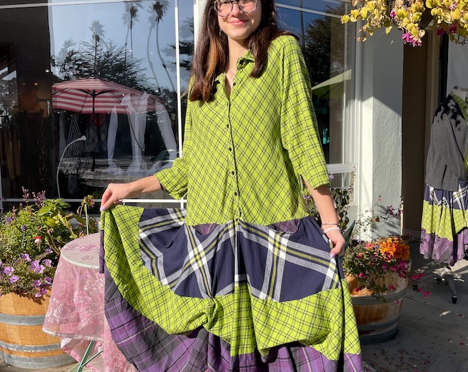 Cotton flannel mixed plaid prairie dress