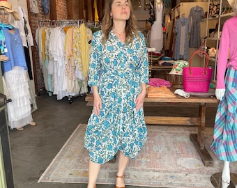 Long sleeve blue and green  floral  blockprint funky dress