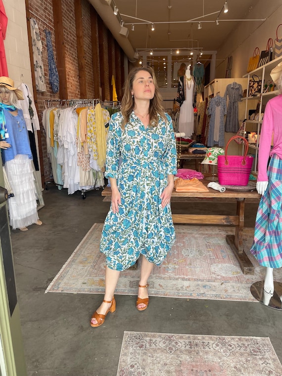 Long sleeve blue and green  floral  blockprint funky dress