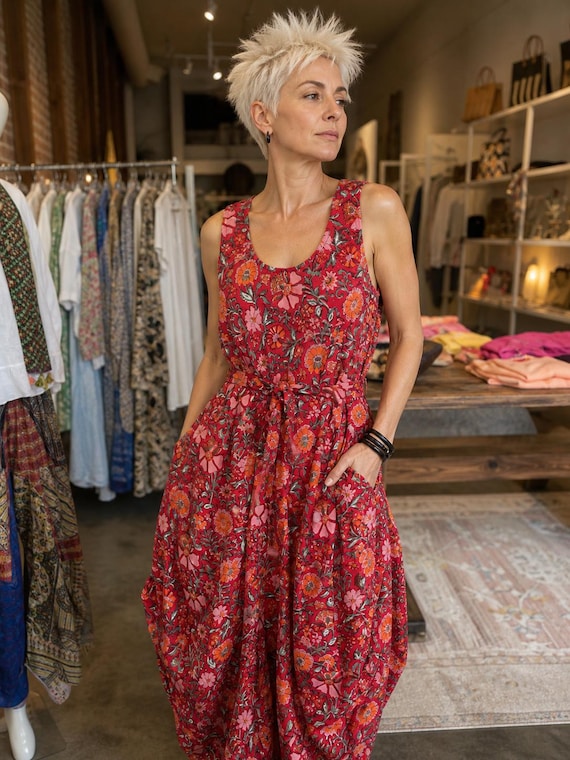 Sleeveless red floral  blockprint funky dress