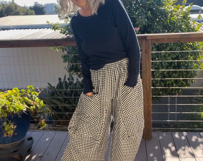 Black and white yarn dyed check cotton lagenlook pant