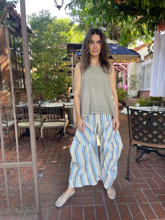 Multi color plaid  soft  seersucker cotton lagenlook pant