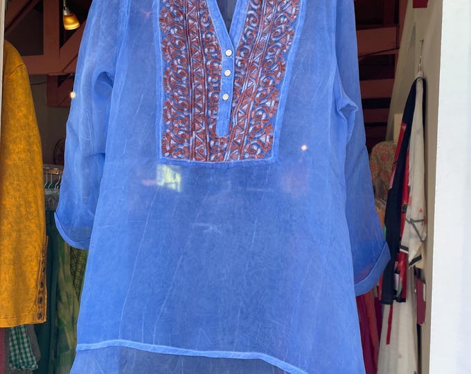 Sky blue embroidered floral shirt in sheer viscose