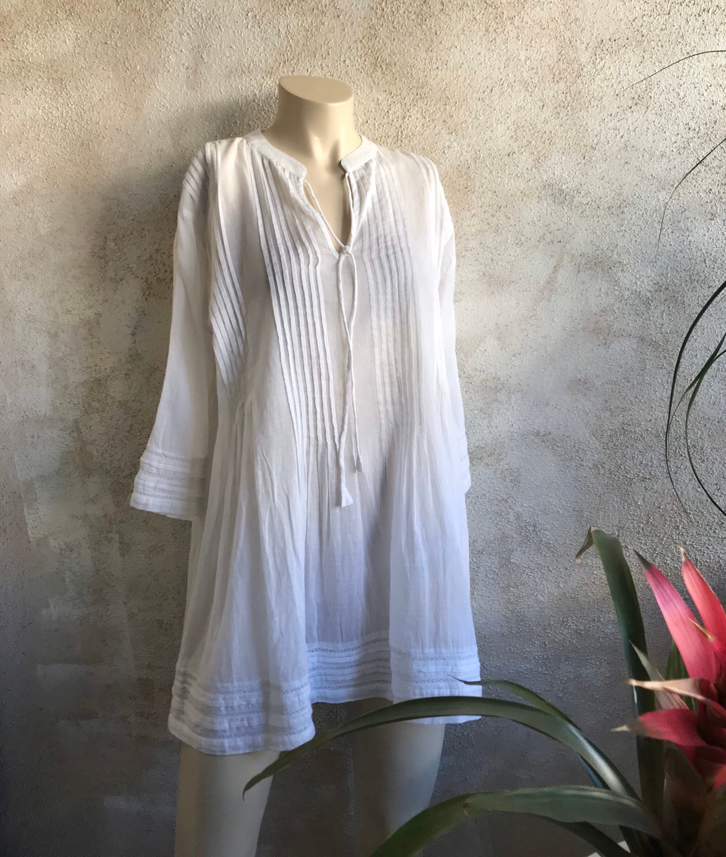 Pintuck semi sheer white cotton voile tunic