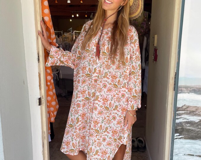 One button pullover shirt dress in tangerine floral cotton voile