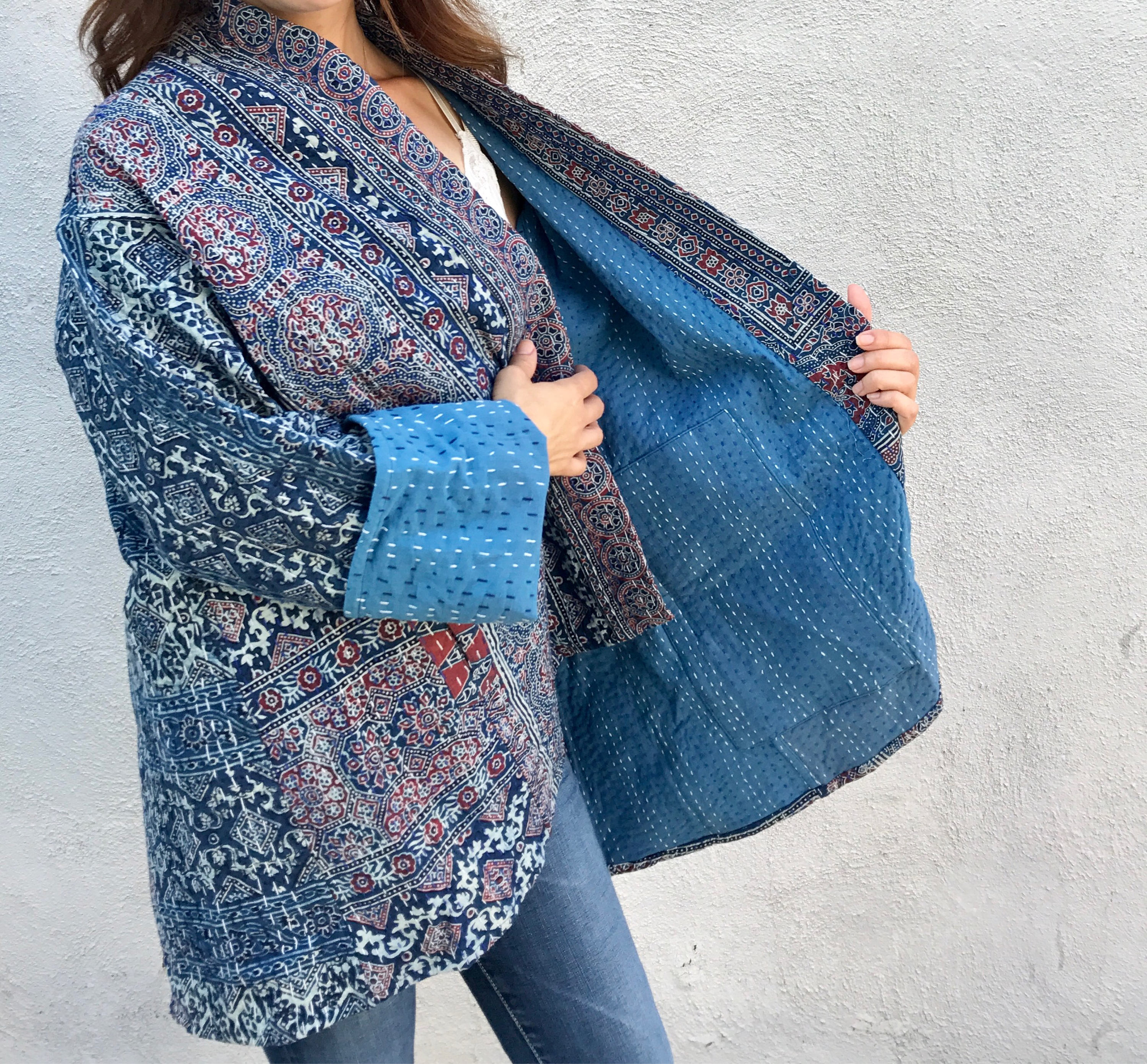 Indigo cotton kantha quilt jacket