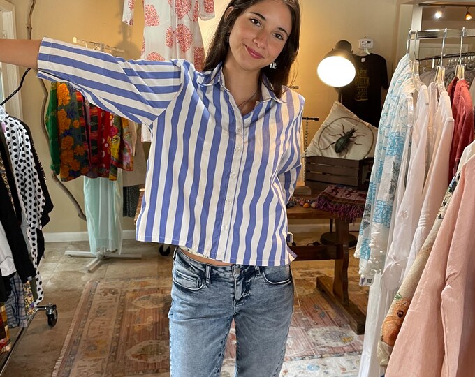 Blue striped cotton  button down cropped shirt