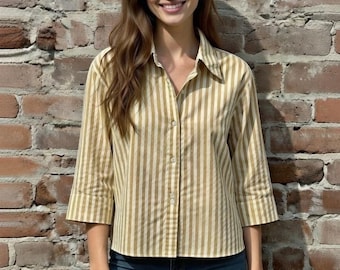 Cotton  block print stripe in clay and white cropped button down shirt