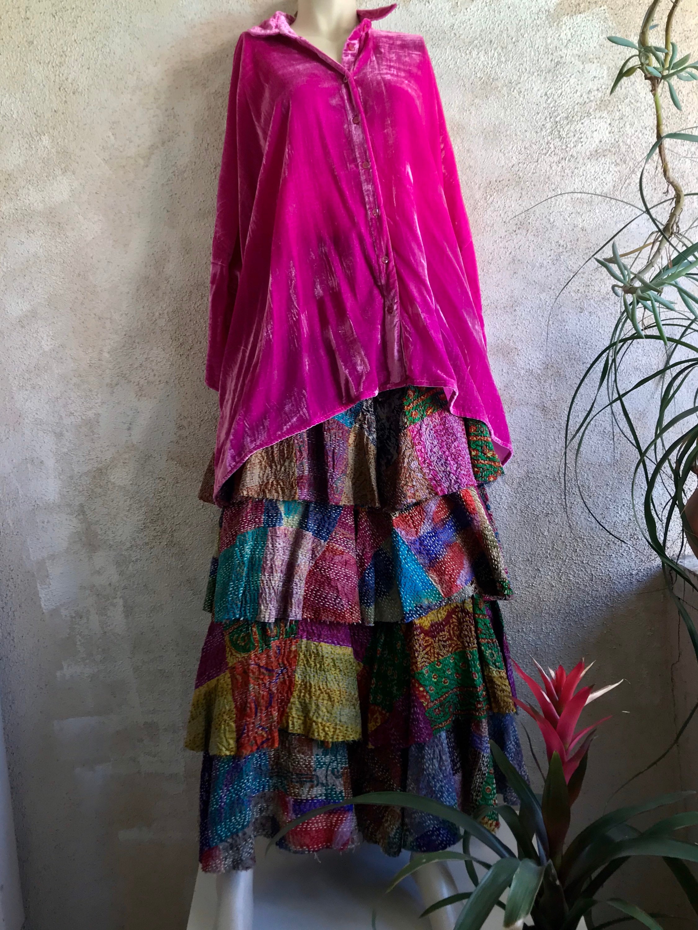 Silk kantha layered artist skirt