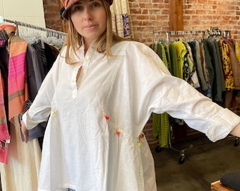 Handmade cotton blouse in Japanese style with embroidered details