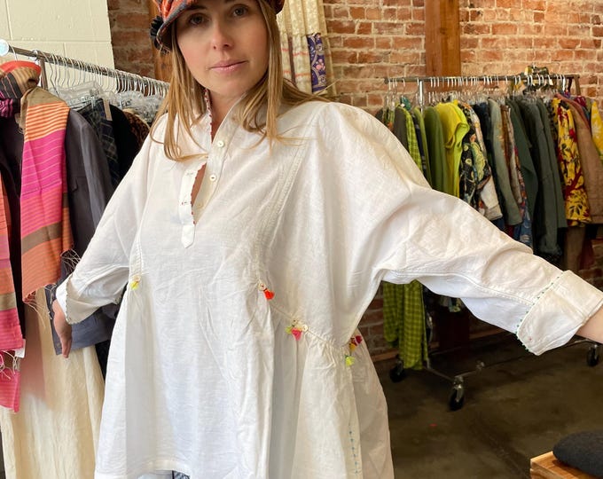 Handmade cotton blouse in Japanese style with embroidered details