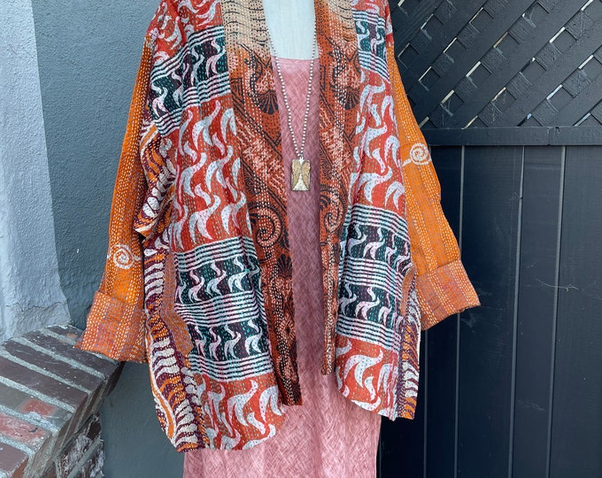 Southwest spice silk kantha plus size reversible kimono jacket