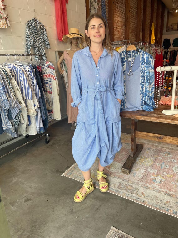 Long sleeve cotton tiny gingham check blue funky dress