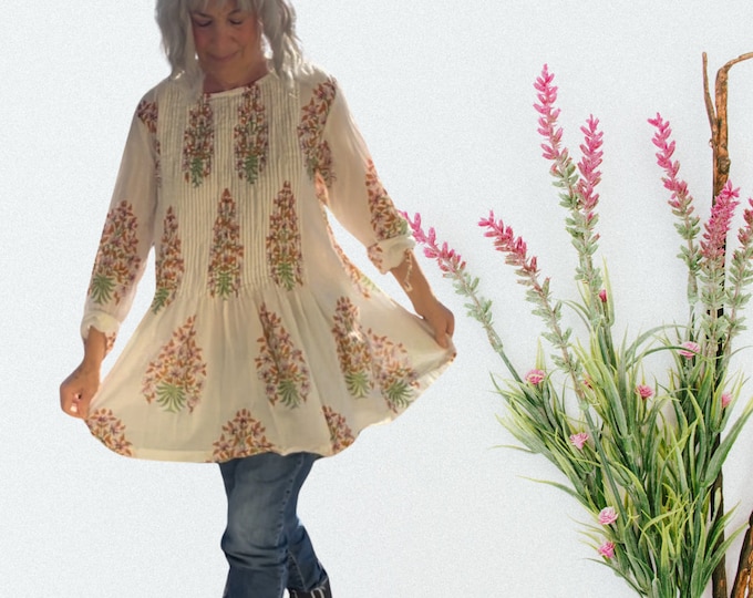 Pintuck floral blockprint cotton tunic with pockets