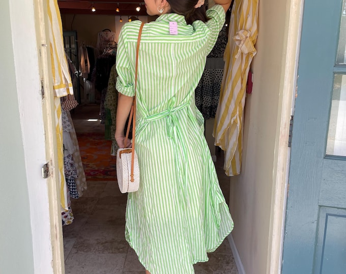 Green striped cotton voile button down shirtdress/duster