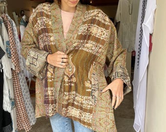 The Bronze Age silk kantha plus size reversible kimono jacket