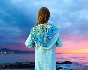 Gorgeous turquoise cotton kantha hoodie