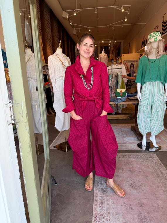 Dark burgandy eyelet  cotton lagenlook pant