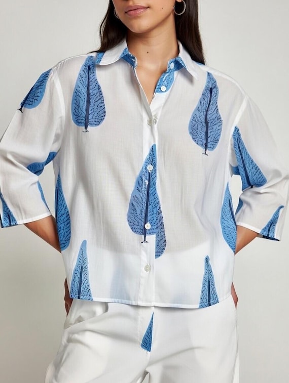 Cotton voile block print cropped button down shirt