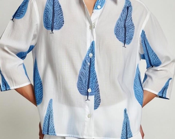 Cotton voile block print cropped button down shirt