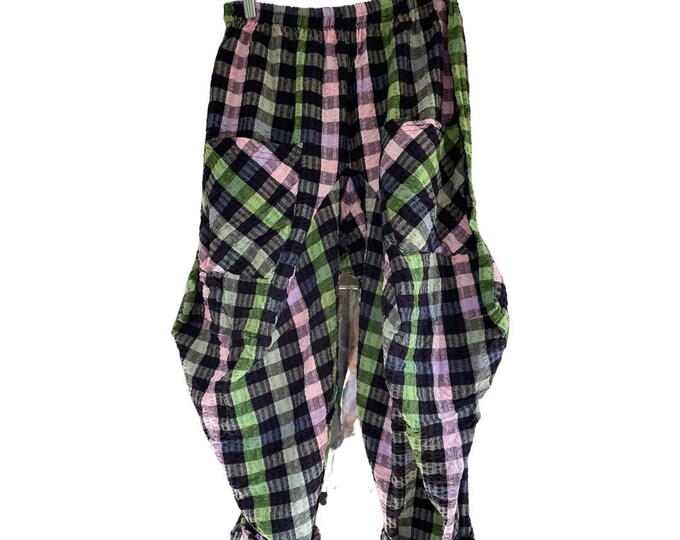 Funky Bicycle pant in green and pink seersucker cotton plaid