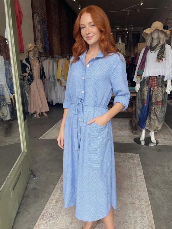 Tiny gingham check in blue   button down shirtdress/duster
