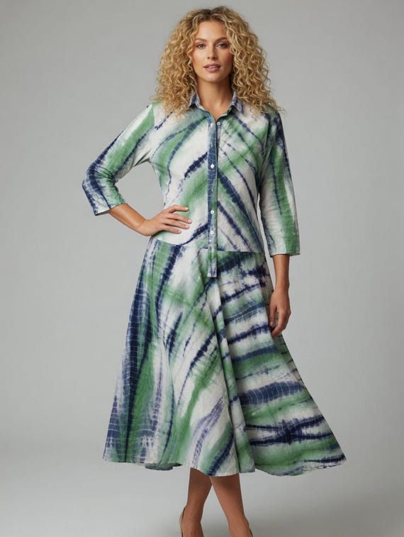 Blue tie dye cotton simple uncomplicated housedress with pockets