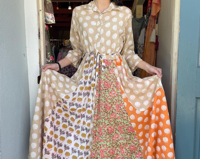 Button down 8 gore shirtdress with pockets in blockprint cotton