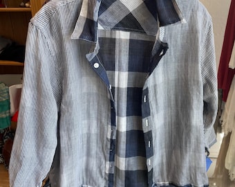 Reversible blue plaid/pinstripe cropped button down shirt