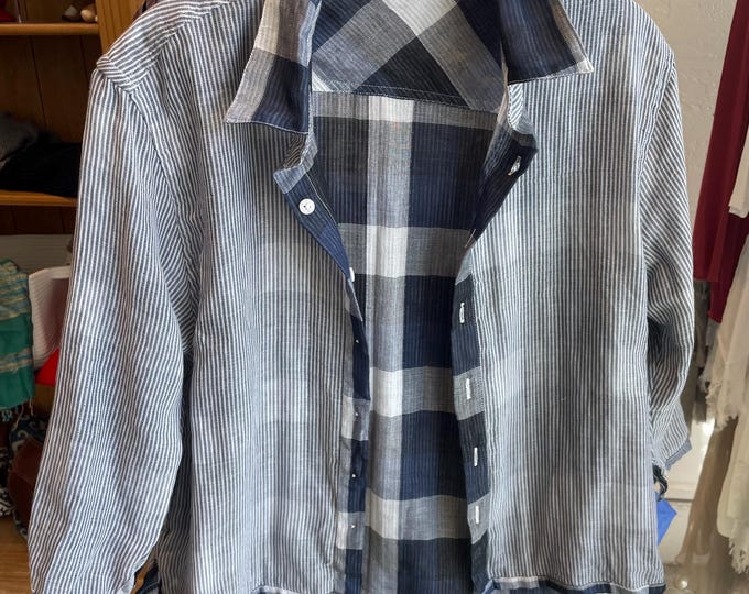 Reversible blue plaid/pinstripe cropped button down shirt