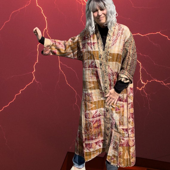 Golden girl  in plus size reversible silk kantha duster/kimono
