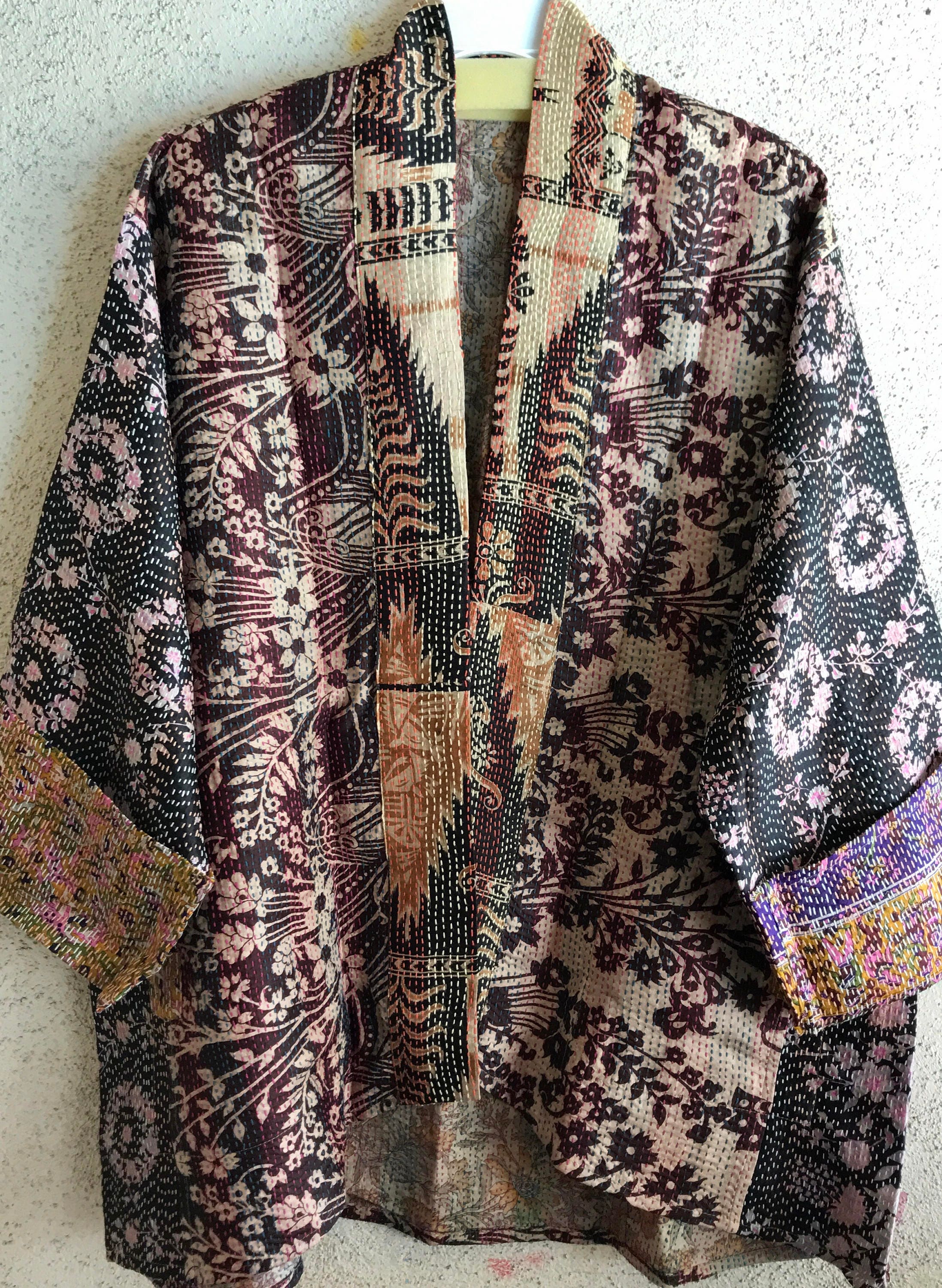 Magnificent silk kantha reversible kimono in plus size