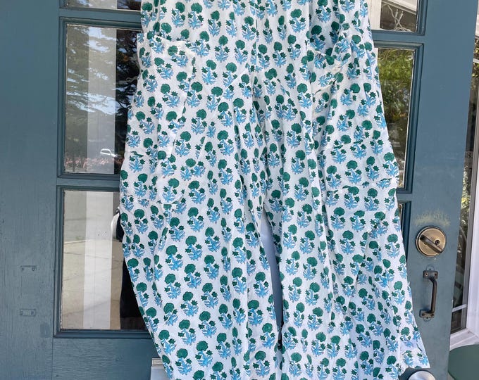 White with turquoise Floral block print cotton  lagenlook pant
