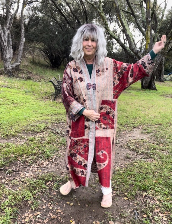 The Red Queen in plus size reversible silk kantha duster/kimono