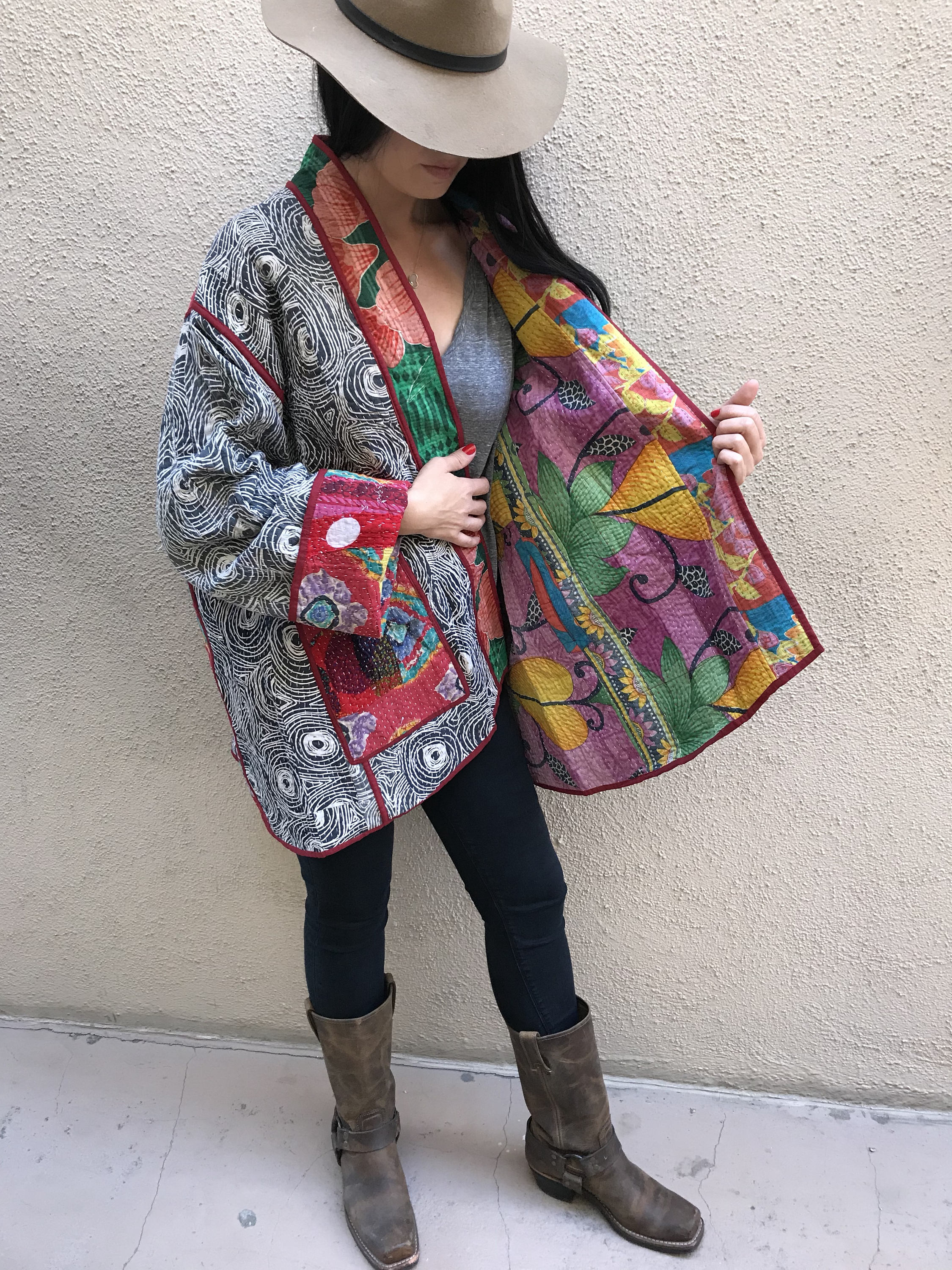 Stunning reversible cotton kantha quilt kimono/jacket in colors