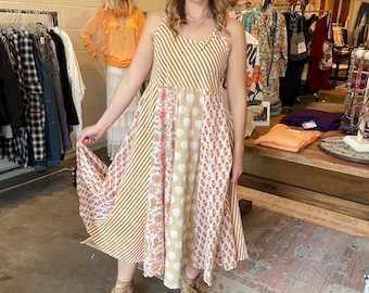 Super lightweight taupe stripe blockprint mixed print cotton sundress