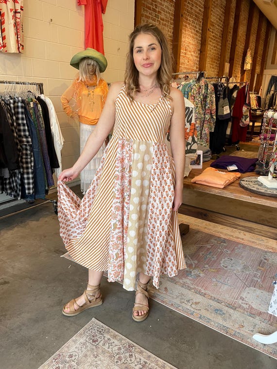 Super lightweight taupe stripe blockprint mixed print cotton sundress