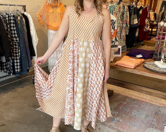 Super lightweight taupe stripe blockprint mixed print cotton sundress