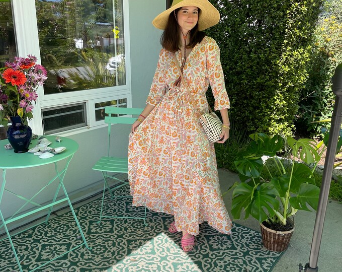 Mandarin collar button down 8 gore  a line dress in organic cotton tangerine floral block print fabric