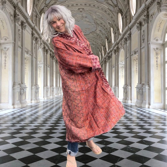 Venice visit  in plus size reversible silk kantha duster/kimono