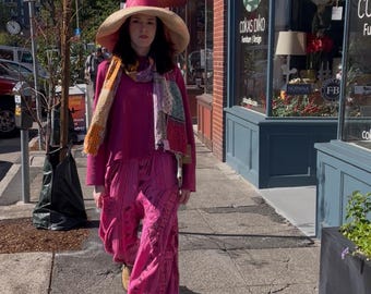 Raspberry  colored textured   soft  cotton lagenlook pant