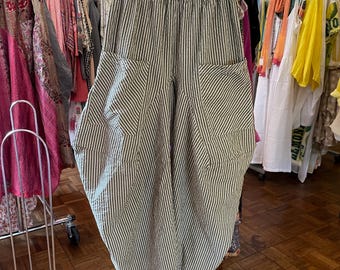 Olive pinstripe  seersucker soft  cotton lagenlook pant