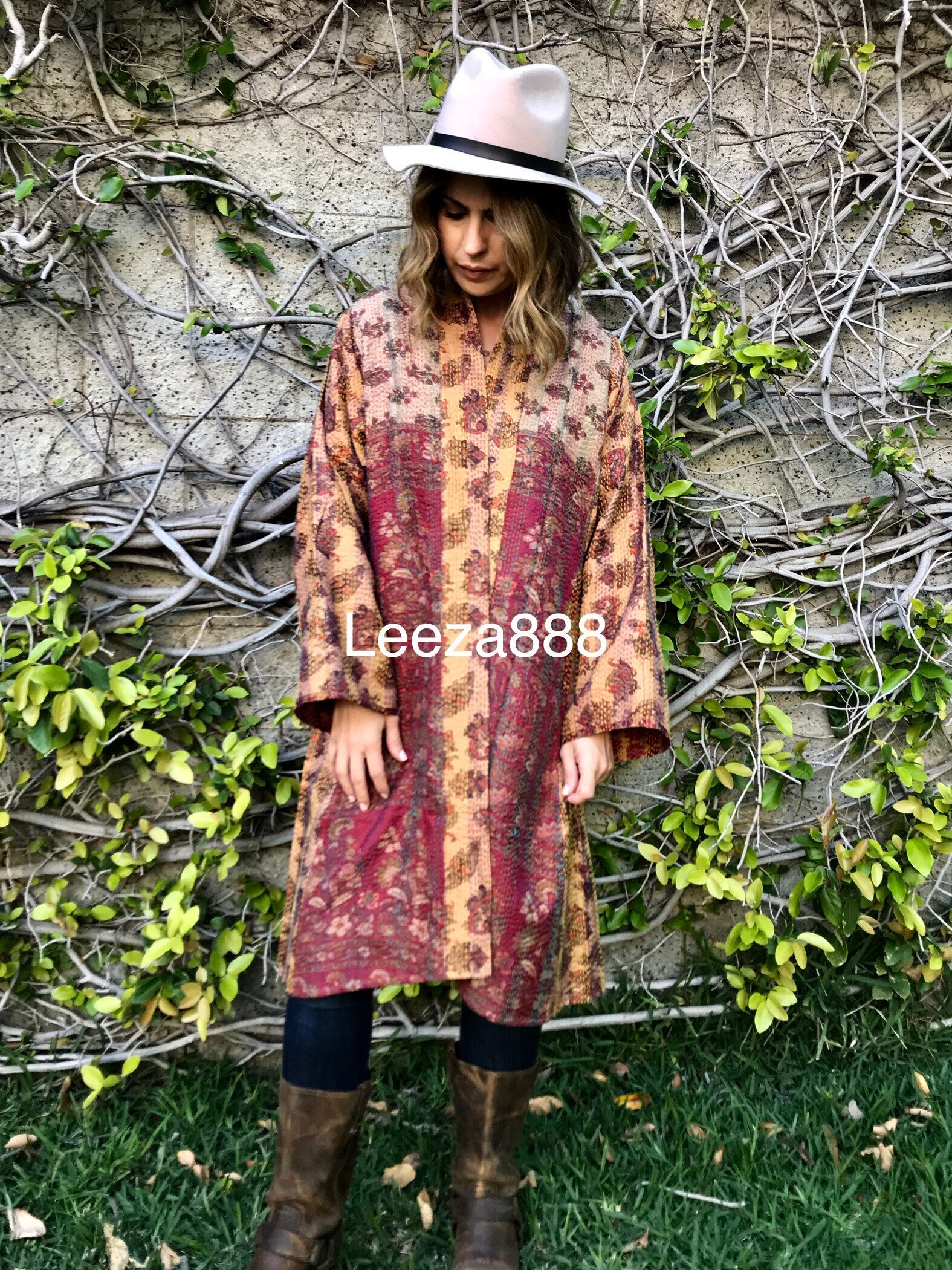 Sedona Open Front Kimono Long Kimono - Black and White Trim Ships 5/4 main image 1
