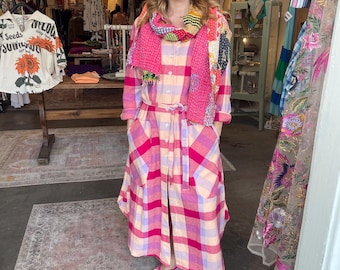 Plaid double face  cotton flannel button down shirtdress/duster