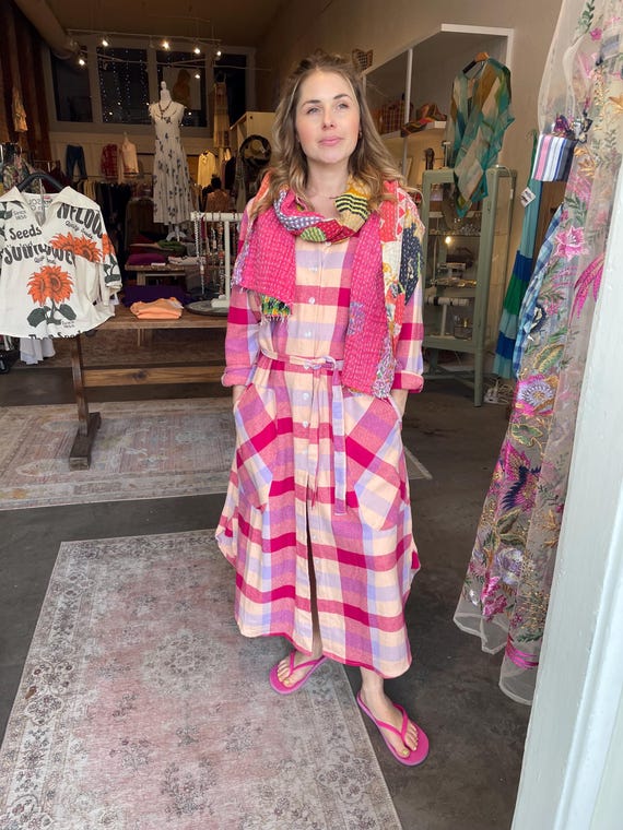 Plaid double face  cotton flannel button down shirtdress/duster