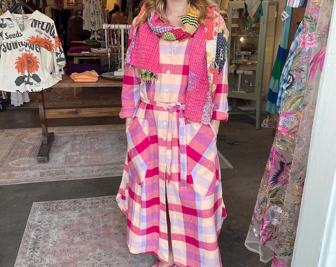 Plaid double face  cotton flannel button down shirtdress/duster